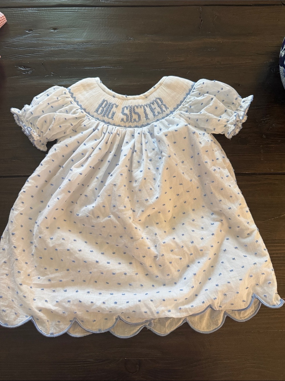 SMOCKED FLAMINGO Big Sister Embroidered White & Light Blue Baby Dress